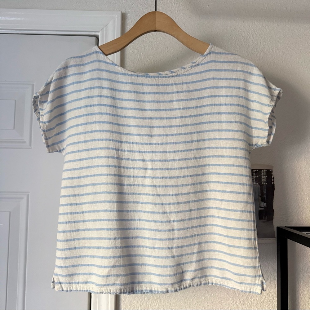 ME & ARROW white blue linen cotton striped boat neck boxy cropped shirt top